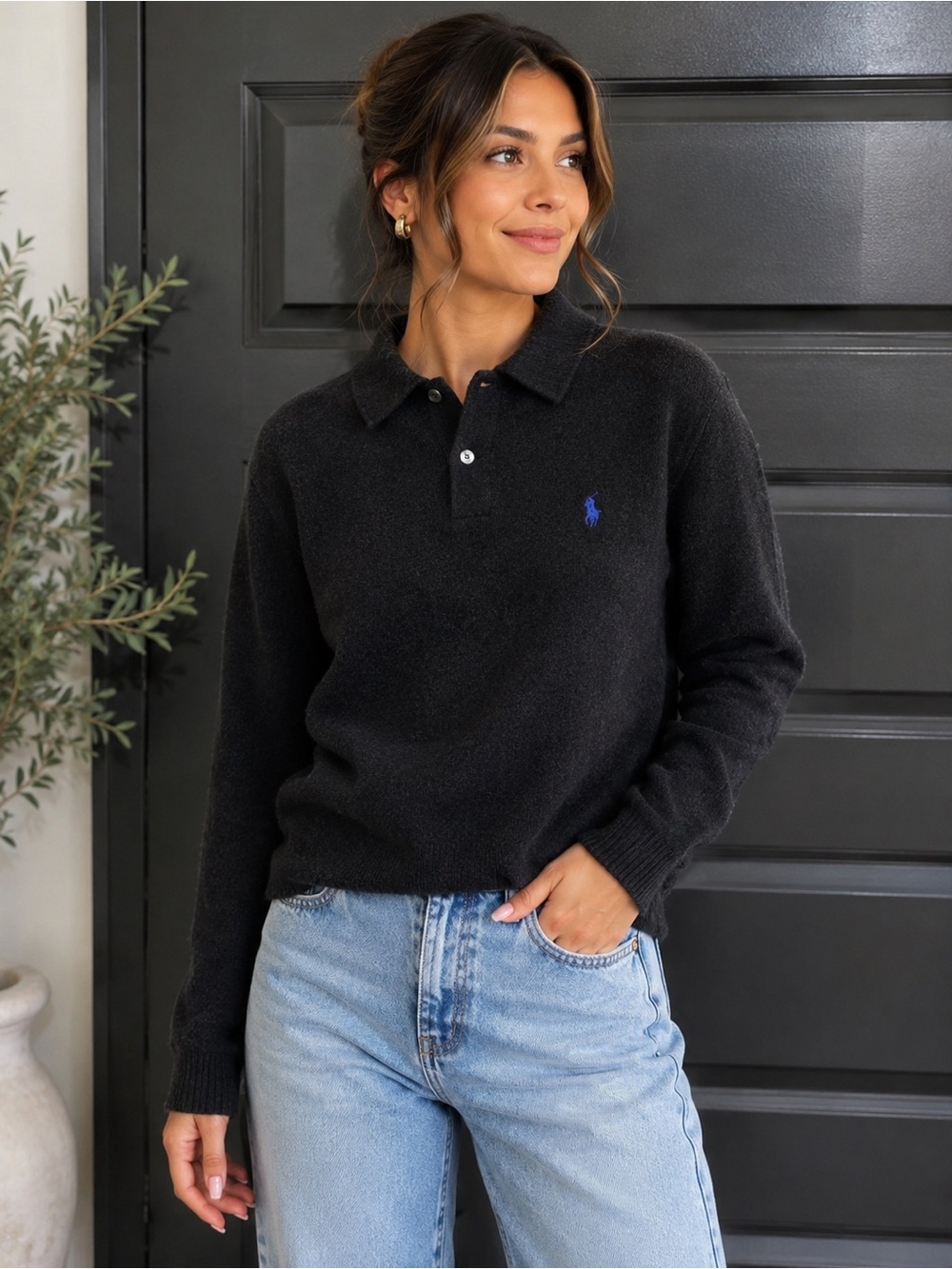 Polo 100% lambswool by Ralph Lauren Black Polo Sweater with Blue Logo